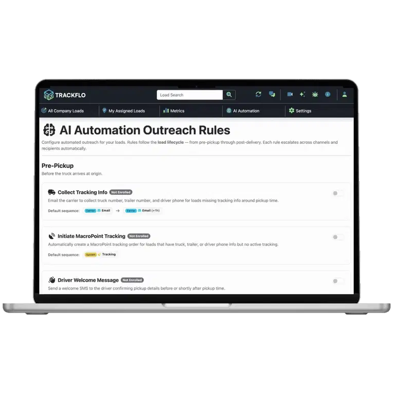 TrackFlo's AI Automation outreach rules being configured for a load segment.